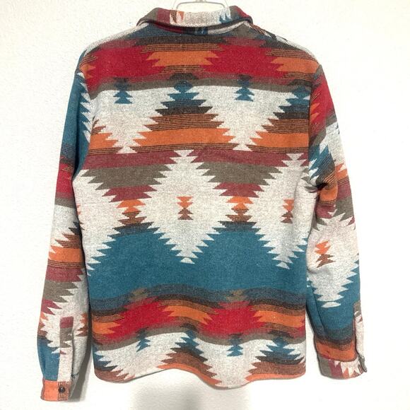 Southwest Aztec Barn Chore Blanket Jacket Women Sz L Western Red Teal Fall Boho - Picture 6 of 9